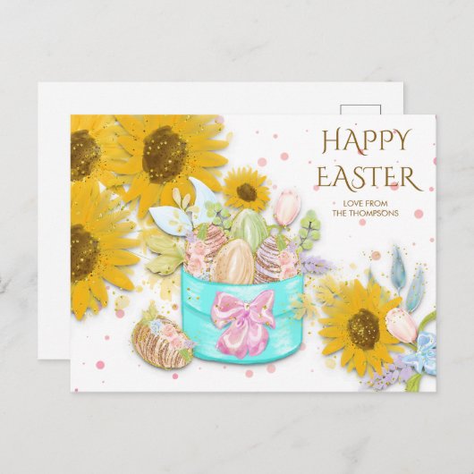 Zonnebloemen Mand Paaseieren Naam Wit Feestdagenkaart (Voorkant / Achterkant)