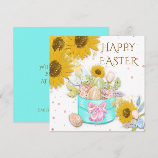 Zonnebloemen mand van eieren Happy Pasen Wit Feestdagenkaart (Voorkant / Achterkant)