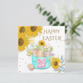 Zonnebloemen mand van eieren Happy Pasen Wit Feestdagenkaart (Staand voorkant)