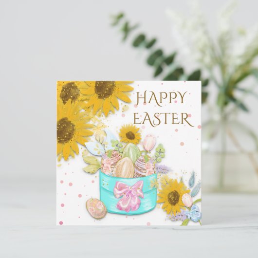 Zonnebloemen mand van eieren Happy Pasen Wit Feestdagenkaart (Staand voorkant)