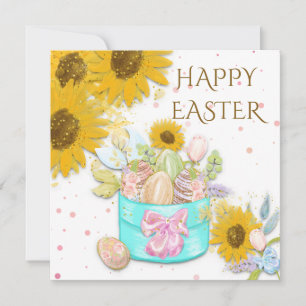 Zonnebloemen mand van eieren Happy Pasen Wit Feestdagenkaart