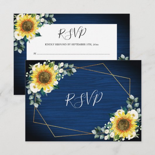 Zonnebloemen Marine Blauw Bloemen Geometrische Bru RSVP Kaartje (Voorkant / Achterkant)