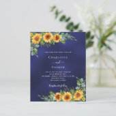 Zonnebloemen marine blauw budget bruiloft uitnodig (Staand voorkant)