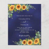Zonnebloemen marine blauw budget bruiloft uitnodig (Voorkant)
