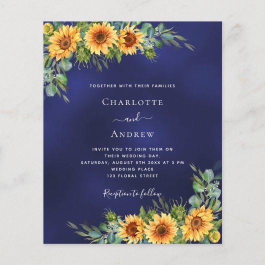 Zonnebloemen marine blauw budget bruiloft uitnodig (Voorkant)