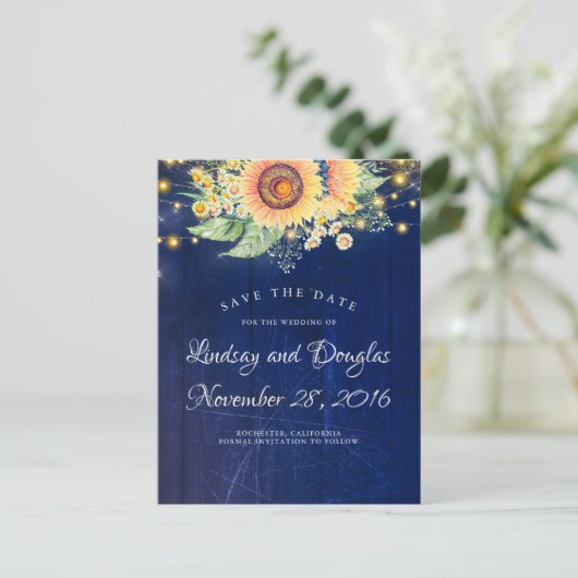 Zonnebloemen Marine Blauw Rustiek Land Save the Da Aankondigingskaart (Staand voorkant)