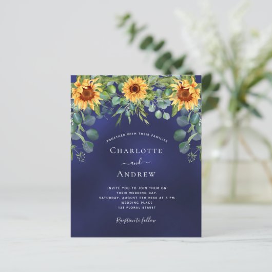 Zonnebloemen marineblauw eucalyptus budget bruilof (Staand voorkant)