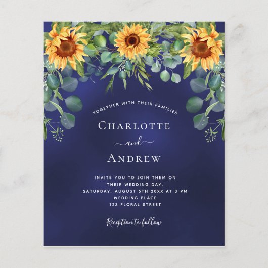 Zonnebloemen marineblauw eucalyptus budget bruilof (Voorkant)