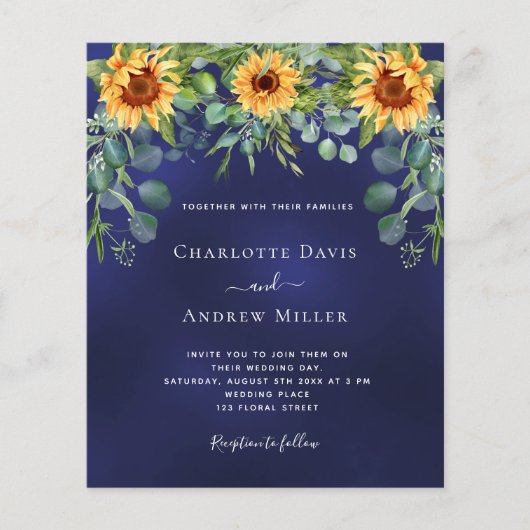 Zonnebloemen marineblauwe eucalyptus uitnodiging (Voorkant)