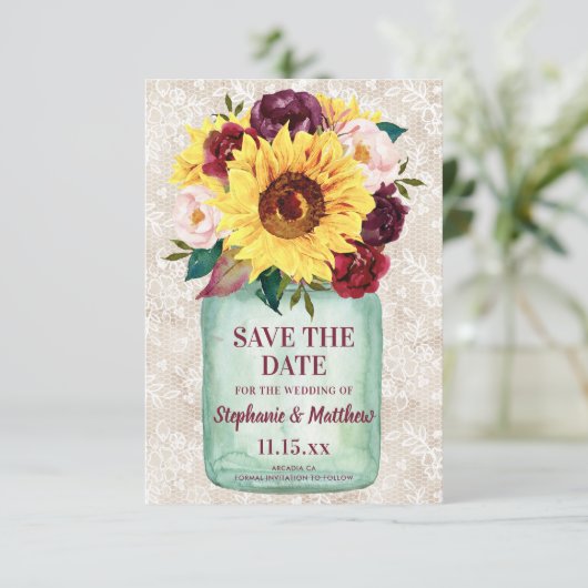 Zonnebloemen Mason Jar Bloemen Bruiloft Save The Date (Staand voorkant)