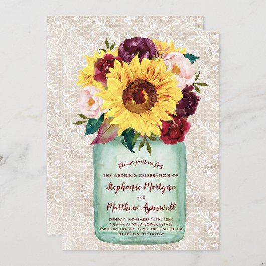 Zonnebloemen Mason Jar Kant Bloemen Bruiloft Kaart (Voorkant / Achterkant)