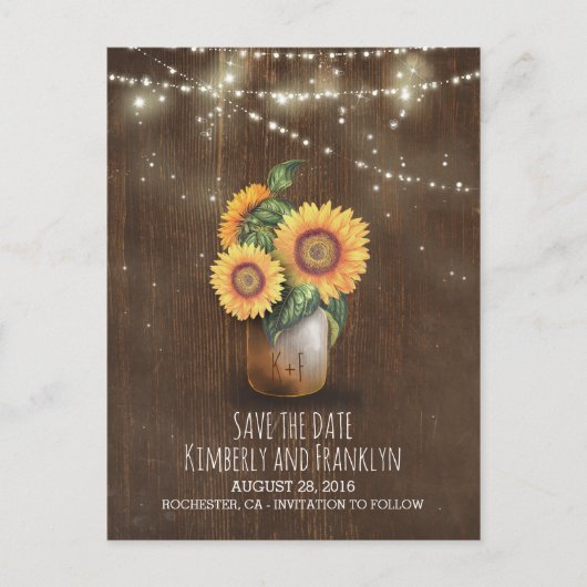 Zonnebloemen Mason Jar Lights Wood Save the Date Aankondigingskaart (Voorkant)