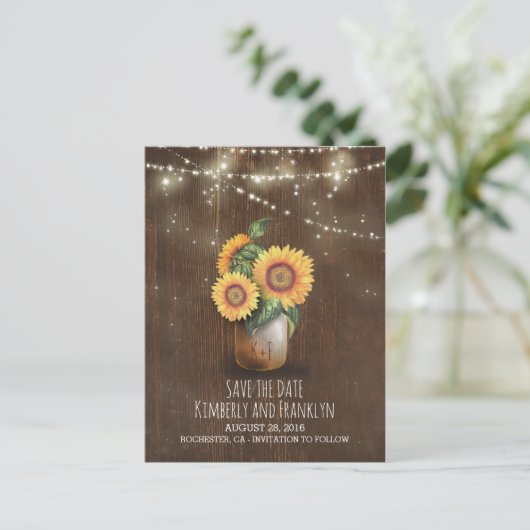 Zonnebloemen Mason Jar Lights Wood Save the Date Aankondigingskaart (Staand voorkant)