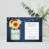 Zonnebloemen Mason Jar Navy Blauw Bruiloft RSVP (Staand voorkant)
