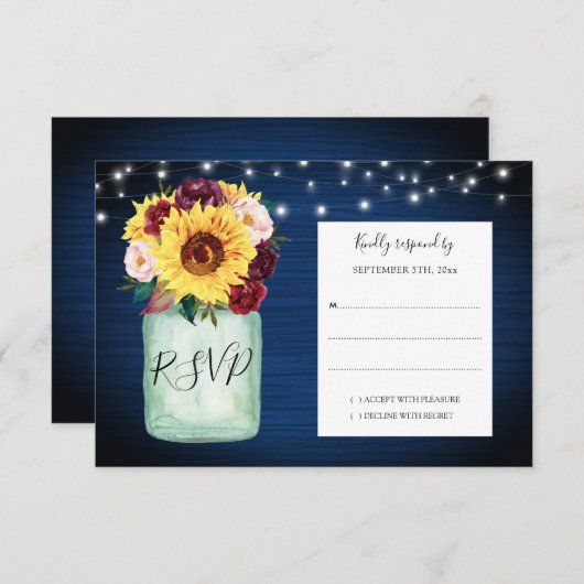 Zonnebloemen Mason Jar Navy Blauw Bruiloft RSVP (Voorkant / Achterkant)