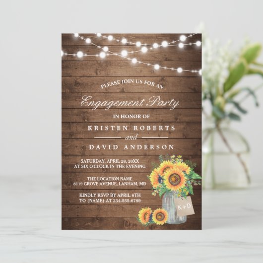Zonnebloemen Mason Jar Rustic Wood Engagement Part Kaart (Staand voorkant)
