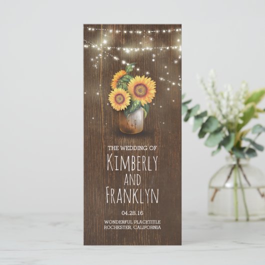 Zonnebloemen Mason Jar rustieke bruiloft programma Programmakaart (Staand voorkant)