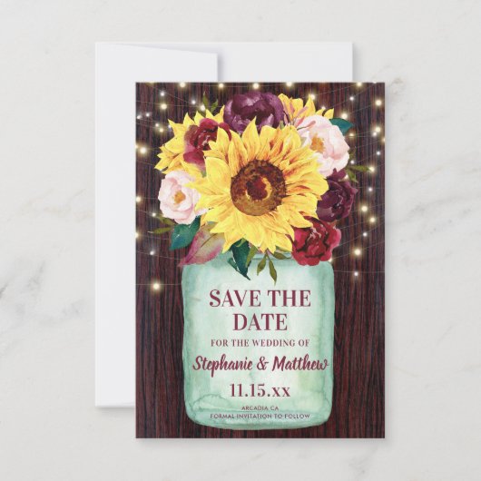 Zonnebloemen Mason Jar Wood Lights Weddenschap Save The Date (Voorkant)