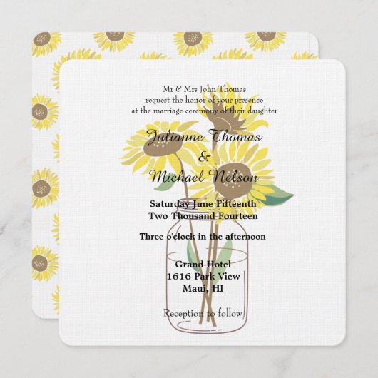 Zonnebloemen Mason Jars Bruiloft Kaart (Voorkant / Achterkant)