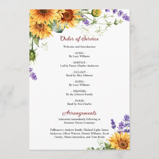 Zonnebloemen Memorial Funeral Order of Service Programmakaart (Achterkant)