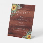 Zonnebloemen, menu van de groene houtstaaf eucalyp reclamebord met voetstuk (Voorkant)