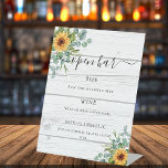 Zonnebloemen, menu van de groene houtstaaf eucalyp reclamebord met voetstuk<br><div class="desc">Rustig wit hout als achtergrond. Verkleurd met waterkleurige zonnebloemen en eucalyptusgroen. Met de tekst: Open balk. Pas uw bar menu aan en voeg toe.</div>