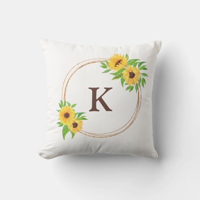Zonnebloemen met bruin monogram Gouden lijst groen Kussen (Voorkant)