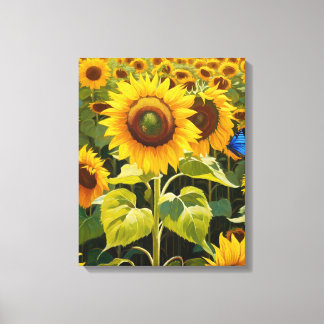 Zonnebloemen met een blauwe vlinder canvas afdruk