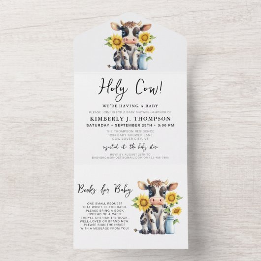 Zonnebloemen met een gelijkmatige Koe Baby shower  All In One Uitnodiging (Binnen)