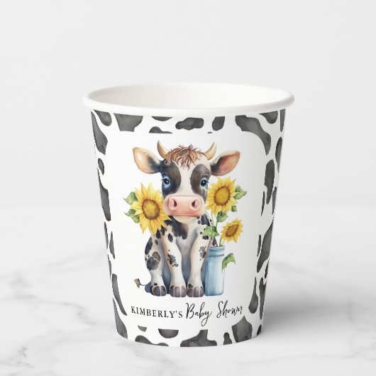 Zonnebloemen met een gelijkmatige Koe Baby shower  Papieren Bekers (Achterkant)