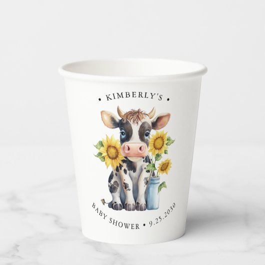 Zonnebloemen met een gelijkmatige Koe Baby shower  Papieren Bekers (Achterkant)
