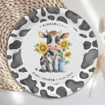 Zonnebloemen met een gelijkmatige Koe Baby shower  Papieren Bordje<br><div class="desc">Introductie van onze schattige "Heilige Koe" babydoucheuitnodigingen! Deze uitnodigingen zijn ideaal voor een genderneutraal baby shower, omdat ze een schattig kalf en zonnebloemen bevatten in een eenvoudig en modern waterverf ontwerp. Het zwarte, witte en gele kleurenschema voegt een vleugje elegantie toe aan het speelse boerderijen dierenthema. Onze uitnodigingen zijn gedrukt...</div>