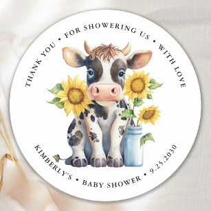 Zonnebloemen met een gelijkmatige Koe Baby shower  Ronde Sticker