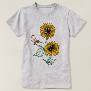 Zonnebloemen met een kleine vogel op een tak t-shirt