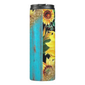 Zonnebloemen met glitter op rustiek blauw hout thermosbeker (Achterkant)
