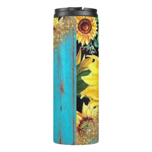 Zonnebloemen met glitter op rustiek blauw hout thermosbeker (Achterkant)