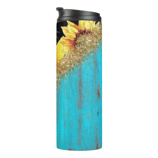 Zonnebloemen met glitter op rustiek blauw hout thermosbeker (Geroteerd rechts)