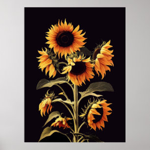 ZONNEBLOEMEN MET GROENE BLADEREN OP ZWARTE POSTER