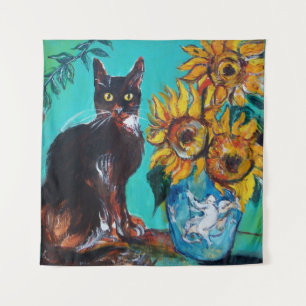 ZONNEBLOEMEN MET KAT IN BLAUWE TURQUOISE WANDKLEED