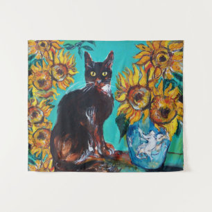 ZONNEBLOEMEN MET KAT IN BLAUWE TURQUOISE WANDKLEED