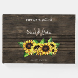 zonnebloemen met schors - hout , trouwe bruiloft gastenboek