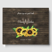 zonnebloemen met schors - hout , trouwe bruiloft gastenboek (Voorkant)