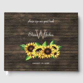 zonnebloemen met schors - hout , trouwe bruiloft gastenboek