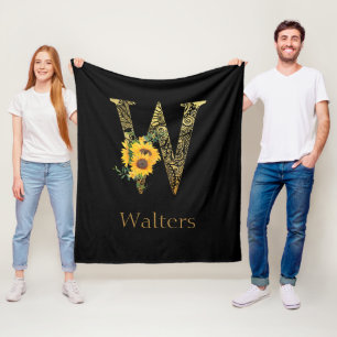 Zonnebloemen met zwarte en gouden letters W Fleece Deken
