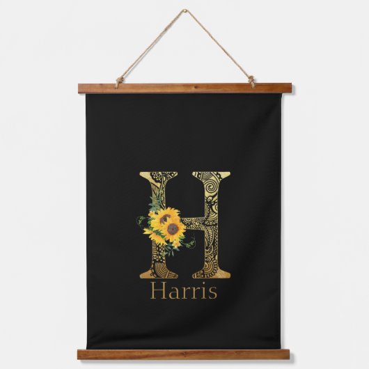 Zonnebloemen met zwarte en goudletters H Hangend Wandkleed (Voorkant)