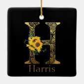 Zonnebloemen met zwarte en goudletters H Keramisch Ornament (Achterkant)