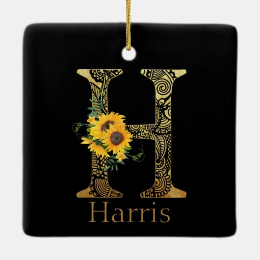 Zonnebloemen met zwarte en goudletters H Keramisch Ornament (Achterkant)