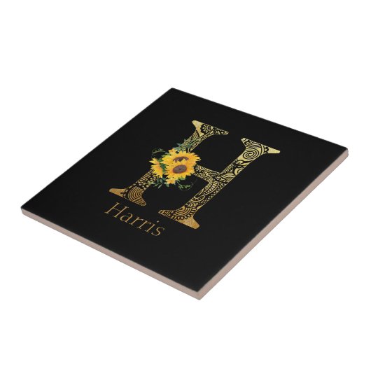 Zonnebloemen met zwarte en goudletters H Tegeltje (Zijkant)