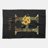 Zonnebloemen met zwarte en goudletters H Theedoek (Horizontaal)