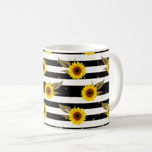 Zonnebloemen met zwarte en witte horizontale lijne koffiemok (Voorkant rechts)